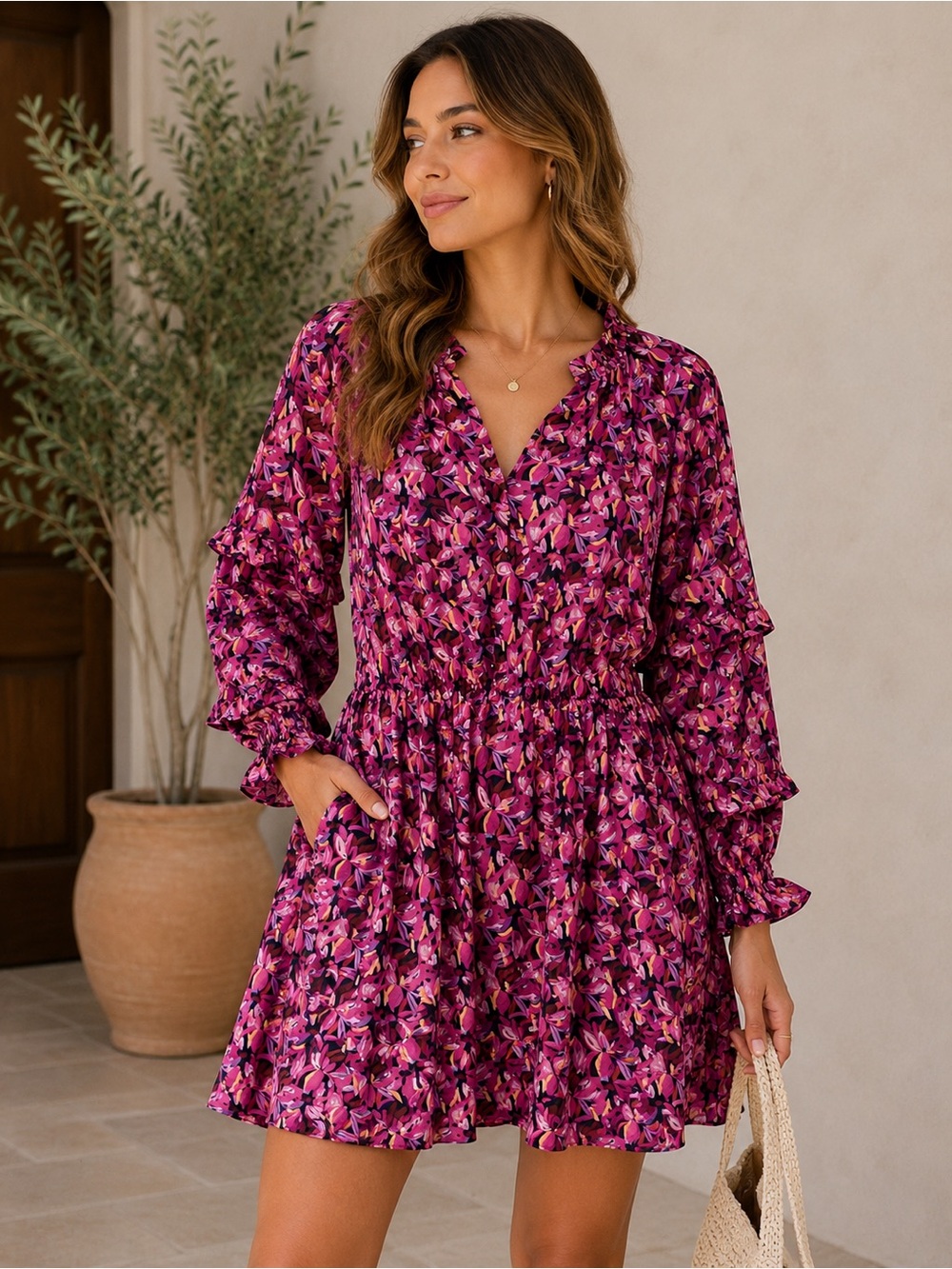 Entro Floral Tiered Dress Ruffle Pink Purple Long Sleeve Boho Boutique Large